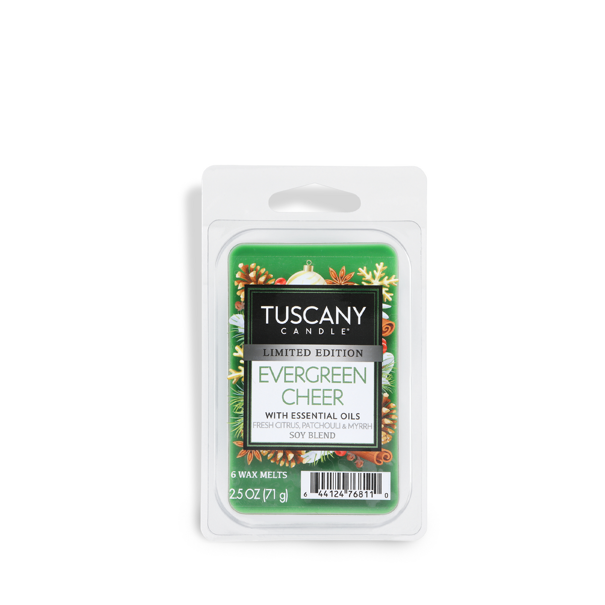 A six-pack of green Evergreen Cheer: Fresh Citrus & Patchouli Scented Holiday Wax Melt (2.5 oz) in a plastic container with a label featuring holiday greenery.