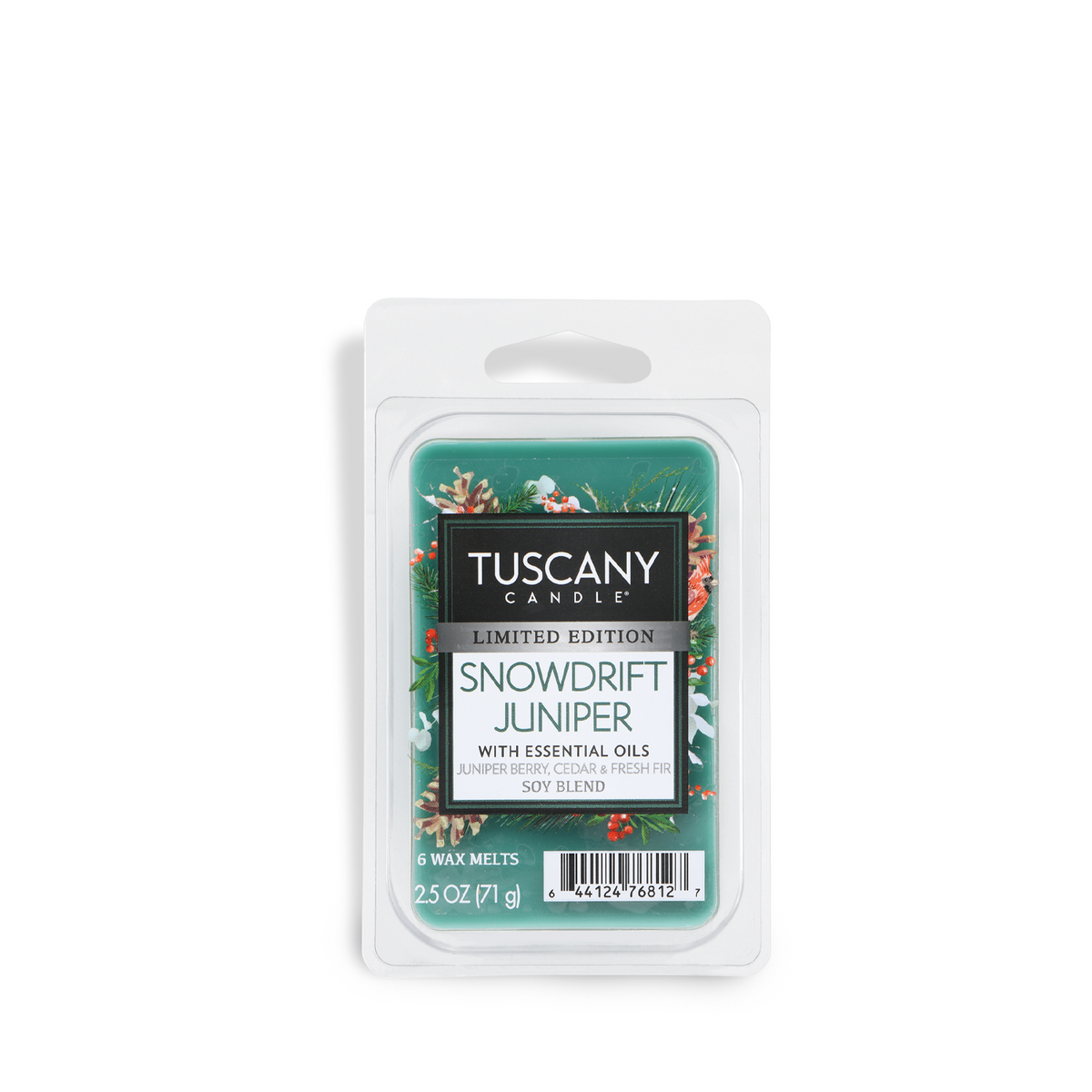 A plastic package of six green Snowdrift Juniper: Juniper Berry & Fresh Pine Scented Holiday Wax Melt (2.5 oz) featuring a label with pine branch and berry imagery.