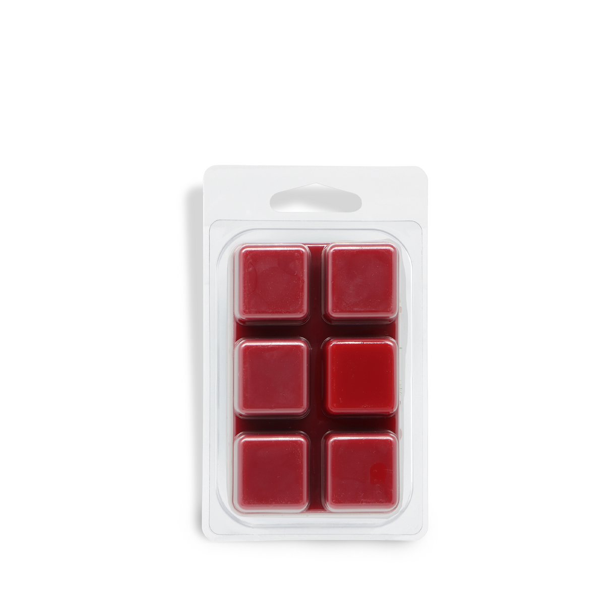 Six dark red Spiced Pinecones: Cinnamon & Pine Scented Holiday Wax Melt (2.5 oz) cubes in a clear plastic clamshell container.