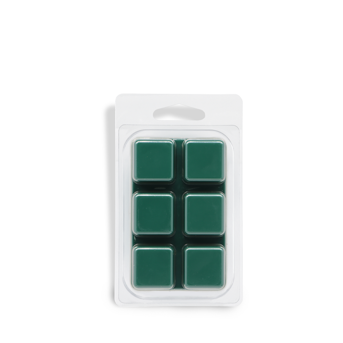 Six dark green wax melt cubes of Frosted Woods: Fresh Fir & Spruce Scented Holiday Wax Melt in a clear plastic clamshell container.