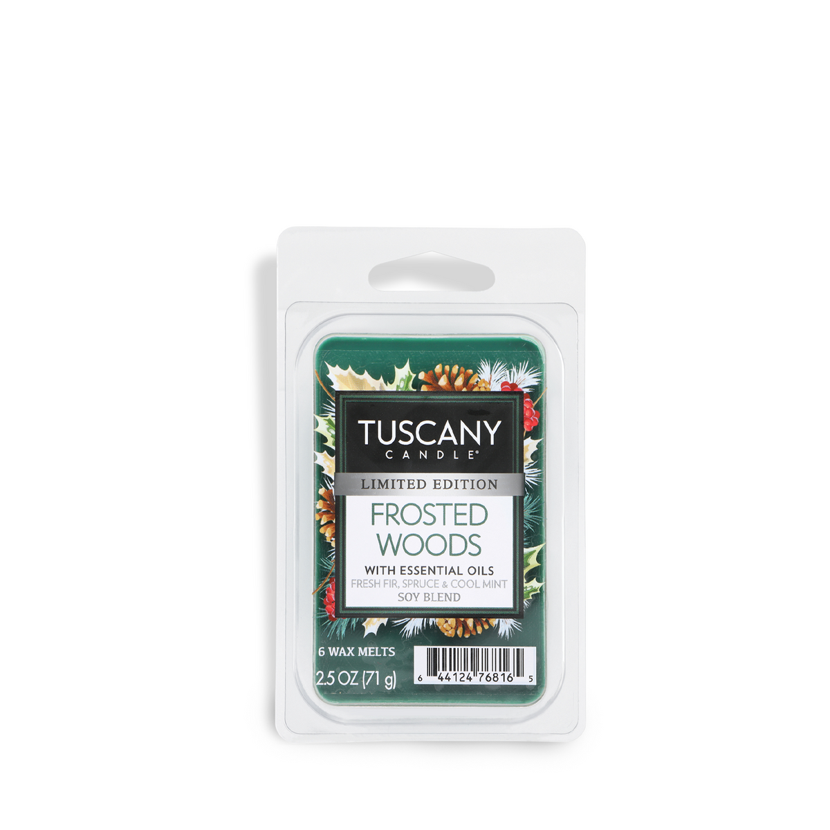 A package of six green Tuscany Candle® SEASONAL Frosted Woods: Fresh Fir & Spruce Scented Holiday Wax Melt (2.5 oz), decorated with pine cones and holly.