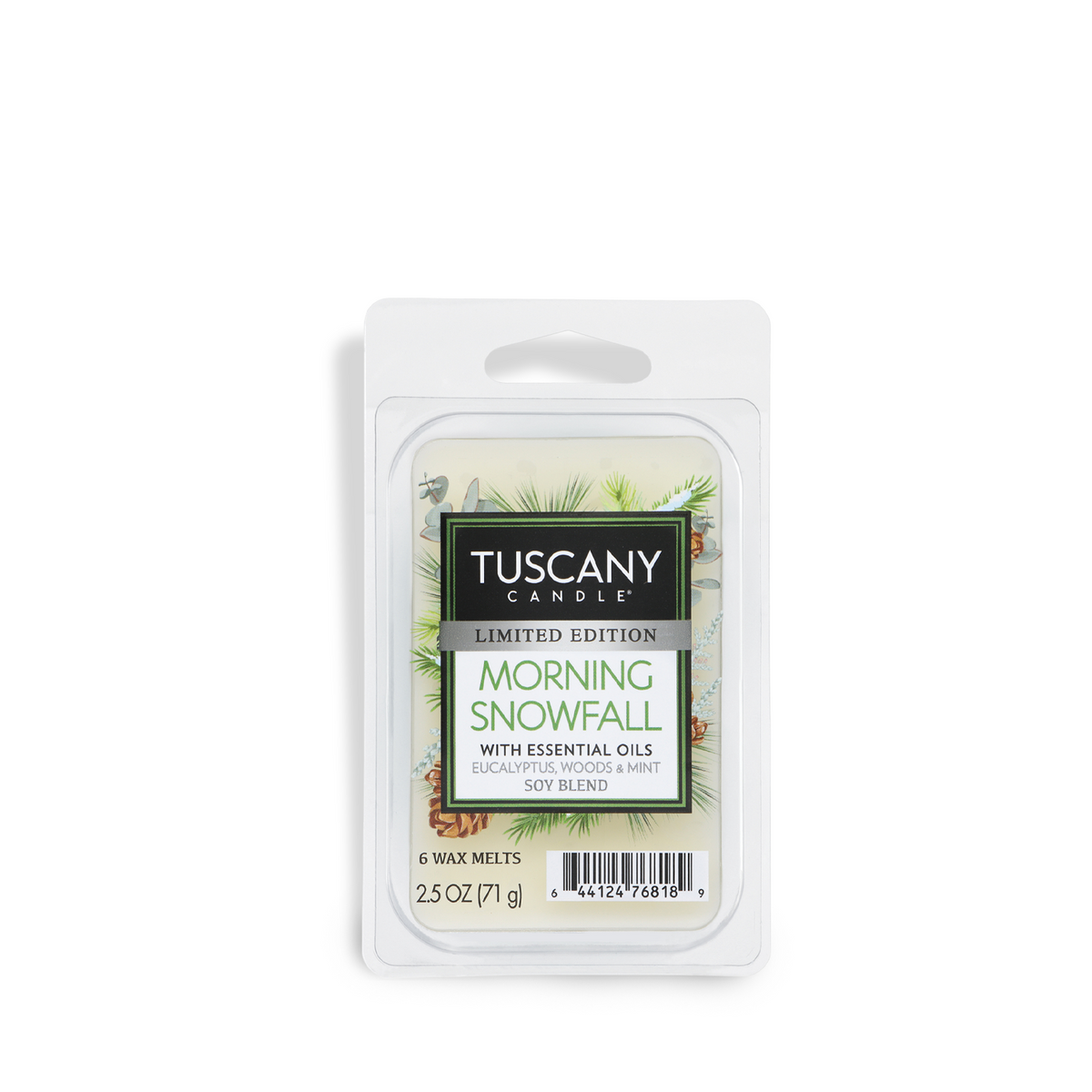 Package of six Morning Snowfall: Eucalyptus & Winter Woods Scented Holiday Wax Melt (2.5 oz) scented wax melts.