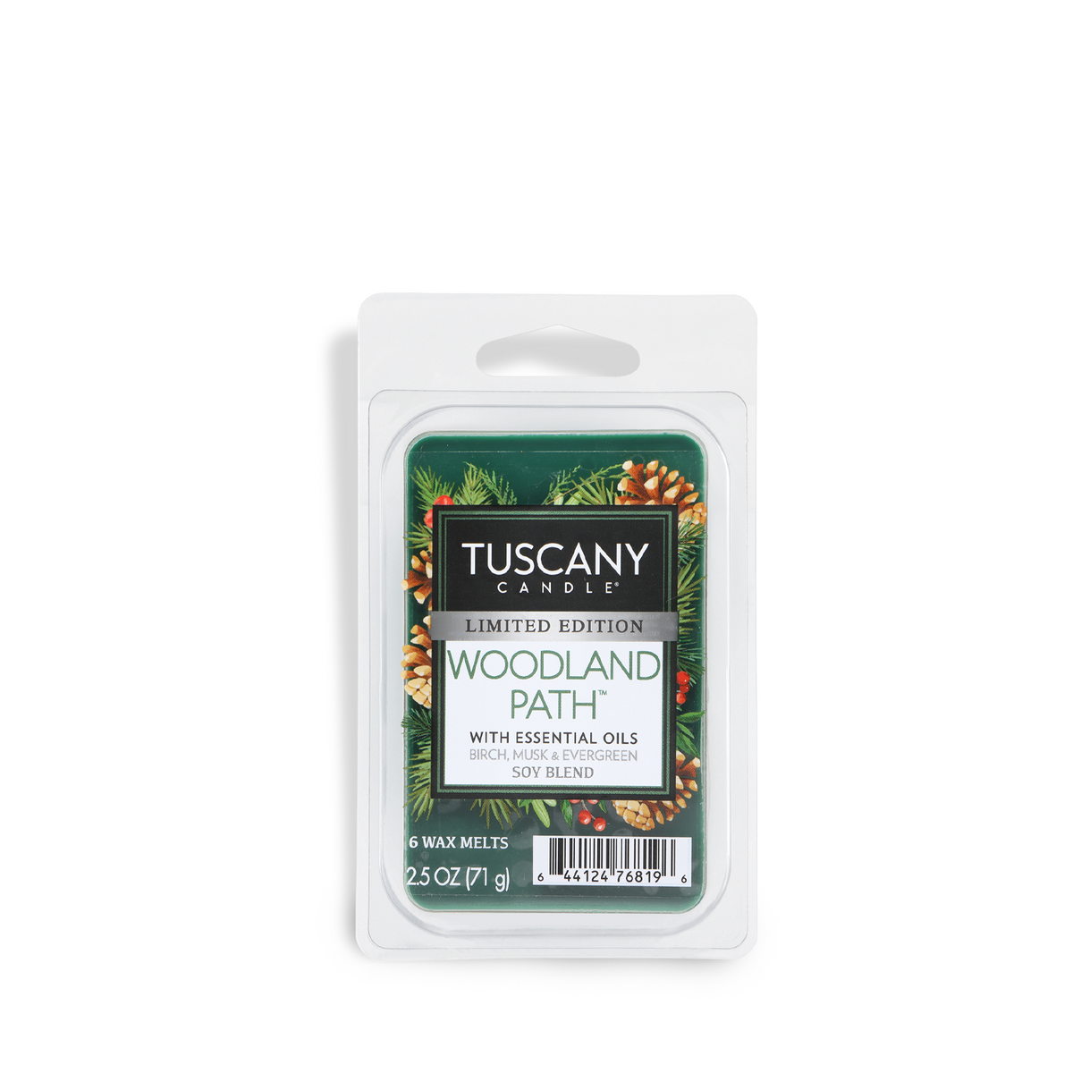 A Woodland Path®: Evergreen & Birch Scented Holiday Wax Melt (2.5 oz) in a plastic clamshell package, with green wax and a label featuring pine cones and evergreen needles.