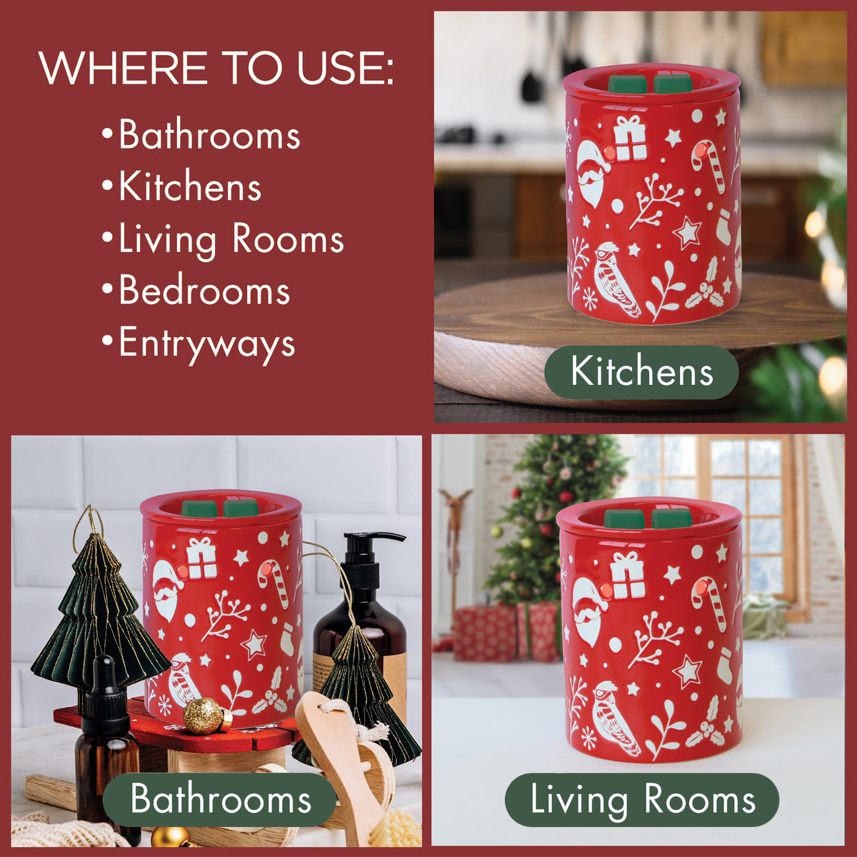 A red electric wax warmer for Woodland Path®: Evergreen & Birch Scented Holiday Wax Melt (2.5 oz) decorated with white holiday icons, shown with suggested use in bathrooms, kitchens, and living rooms.