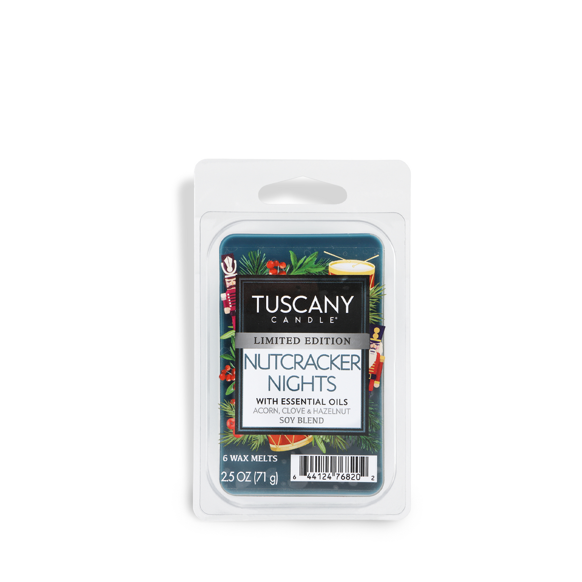 A dark teal Tuscany Candle® SEASONAL Nutcracker Nights: Acorn & Hazelnut Scented Holiday Wax Melt (2.5 oz) in a plastic clamshell package with a holiday-decorated label.