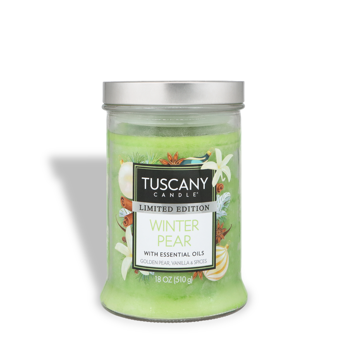 A Winter Pear: Golden Pear & Vanilla Scented Holiday Candle (18 oz) jar candle with green wax, a silver lid, and a label reading “Winter Pear” and “With Essential Oils.”