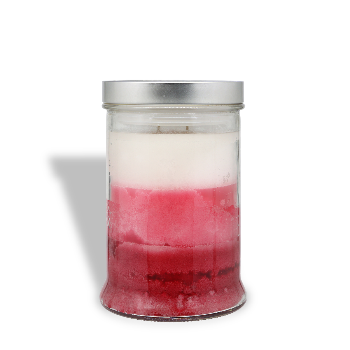 Tuscany Candle® SEASONAL Peppermint Fluff: Sugared Vanilla & Peppermint Scented Holiday Candle (18 oz) in a glass jar with layers of white, light pink, and deep red wax, topped with a silver lid.