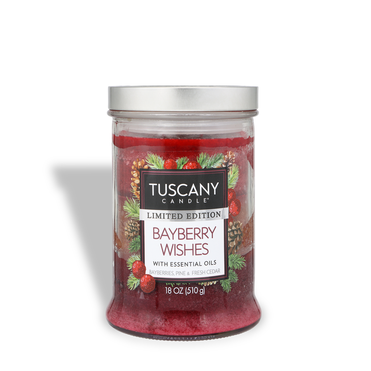 Bayberry Wishes: Bayberries & Pine Scented Holiday Candle (18 oz) in a jar with a red wax surface and a holiday-themed label featuring pine branches, berries, and pinecones.
