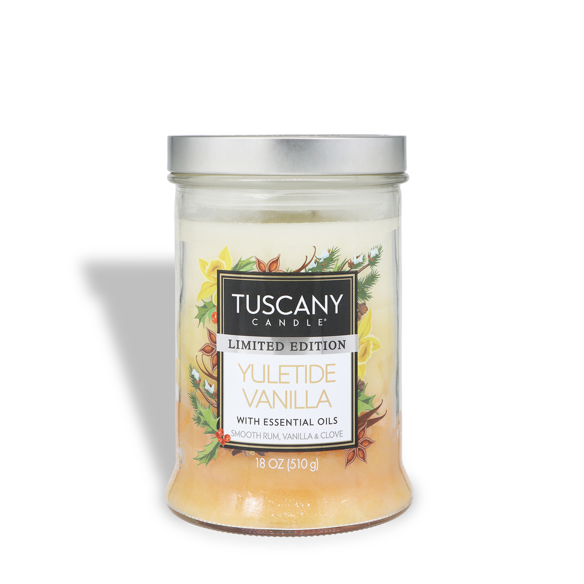 Tuscany Candle® SEASONAL Yuletide Vanilla: Smooth Rum & Clove Scented Holiday Candle (18 oz) with a silver lid and a label featuring holly, cinnamon sticks, and star anise.