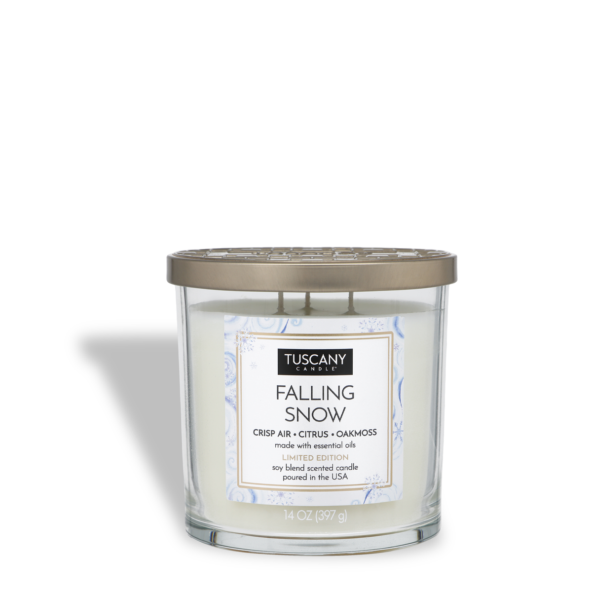 Tuscany Candle® SEASONAL Falling Snow: Crisp Air & Citrus Scented Holiday Candle (14 oz) in a three-wick glass jar with a metal lid and a label featuring the scent notes.