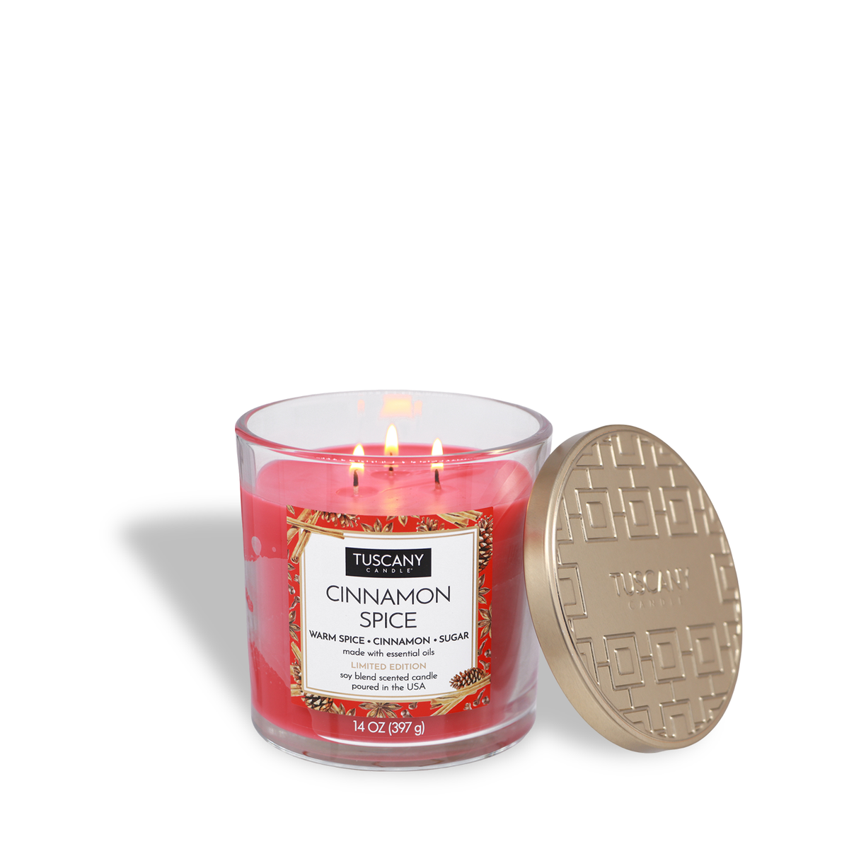 A Tuscany Candle® SEASONAL Cinnamon Spice: Warm Spice & Sugar Scented Holiday Candle (14 oz) in a three-wick red glass jar with a gold geometric lid.