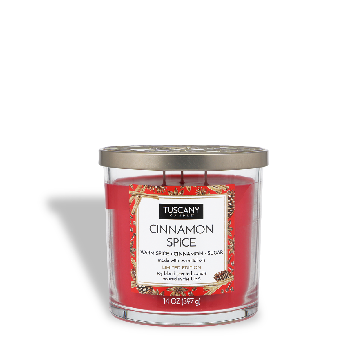 A three-wick red Tuscany Candle® SEASONAL Cinnamon Spice: Warm Spice & Sugar Scented Holiday Candle (14 oz) in a glass jar with a metal lid and a label featuring cinnamon sticks, star anise, and pine cones.