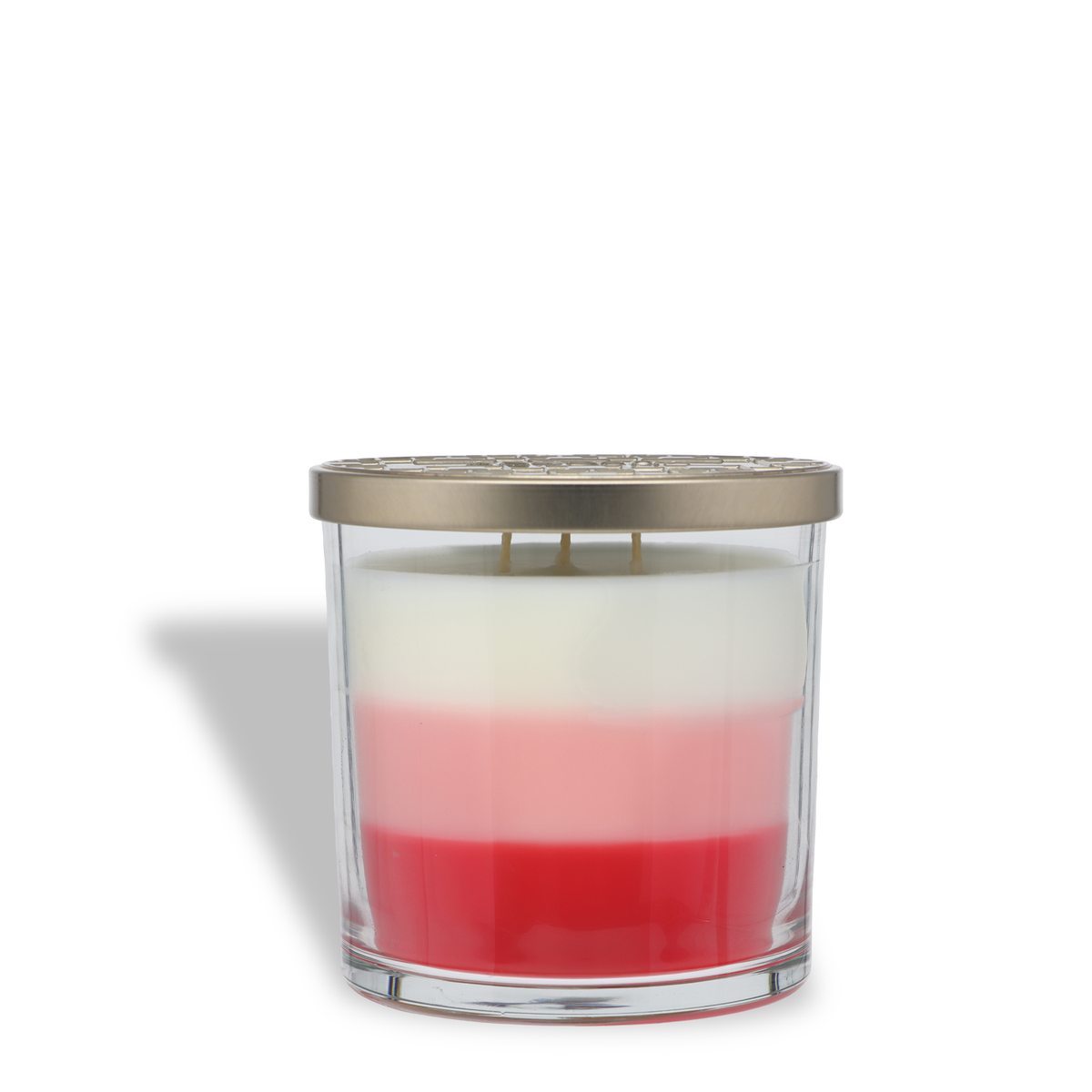 Tuscany Candle® SEASONAL Candy Cane Snowflakes: Sweet Mint & Jasmine Scented Holiday Candle (14 oz) in a three-wick clear glass jar with a gold lid and layers of white, light pink, and red wax.