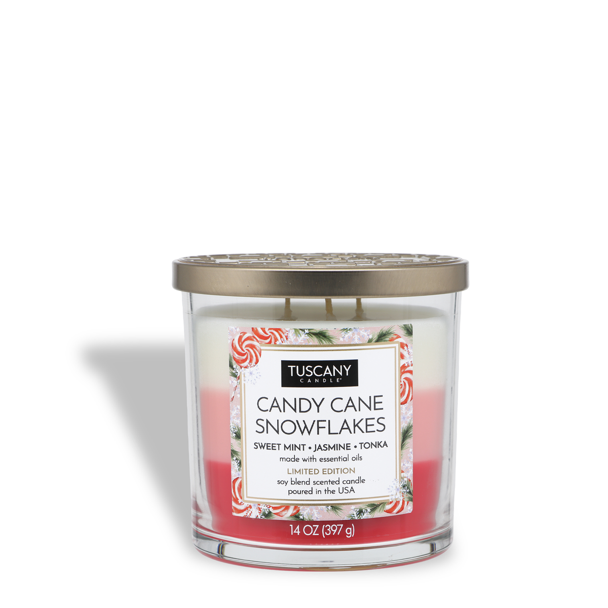 Tuscany Candle® SEASONAL Candy Cane Snowflakes: Sweet Mint & Jasmine Scented Holiday Candle (14 oz) in a three-wick glass jar with layered white, pink, and red wax and peppermint candy illustrations.