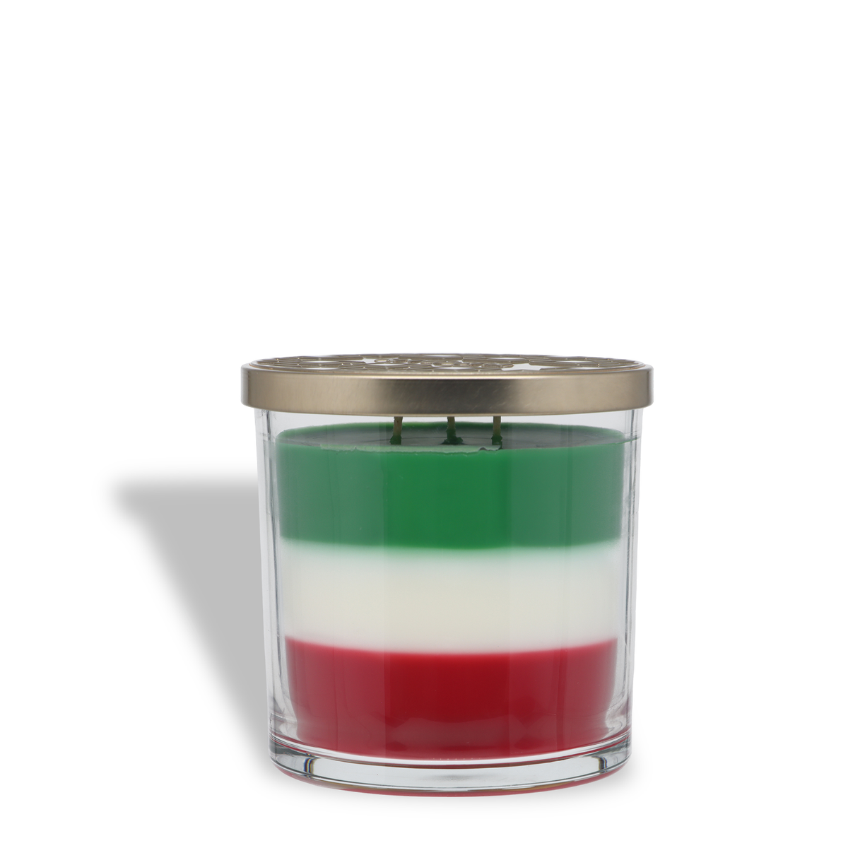 Tuscany Candle® SEASONAL Fireside Berry: Bayberry & Embers Scented Holiday Candle (14 oz) is a three-wick jar candle with layered green, white, and red wax, topped with a metallic lid.