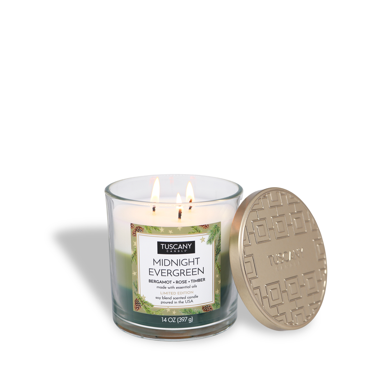 A Tuscany Candle® SEASONAL Midnight Evergreen: Bergamot & Rose Scented Holiday Candle (14 oz) in a three-wick glass jar with green wax and a removable gold lid.
