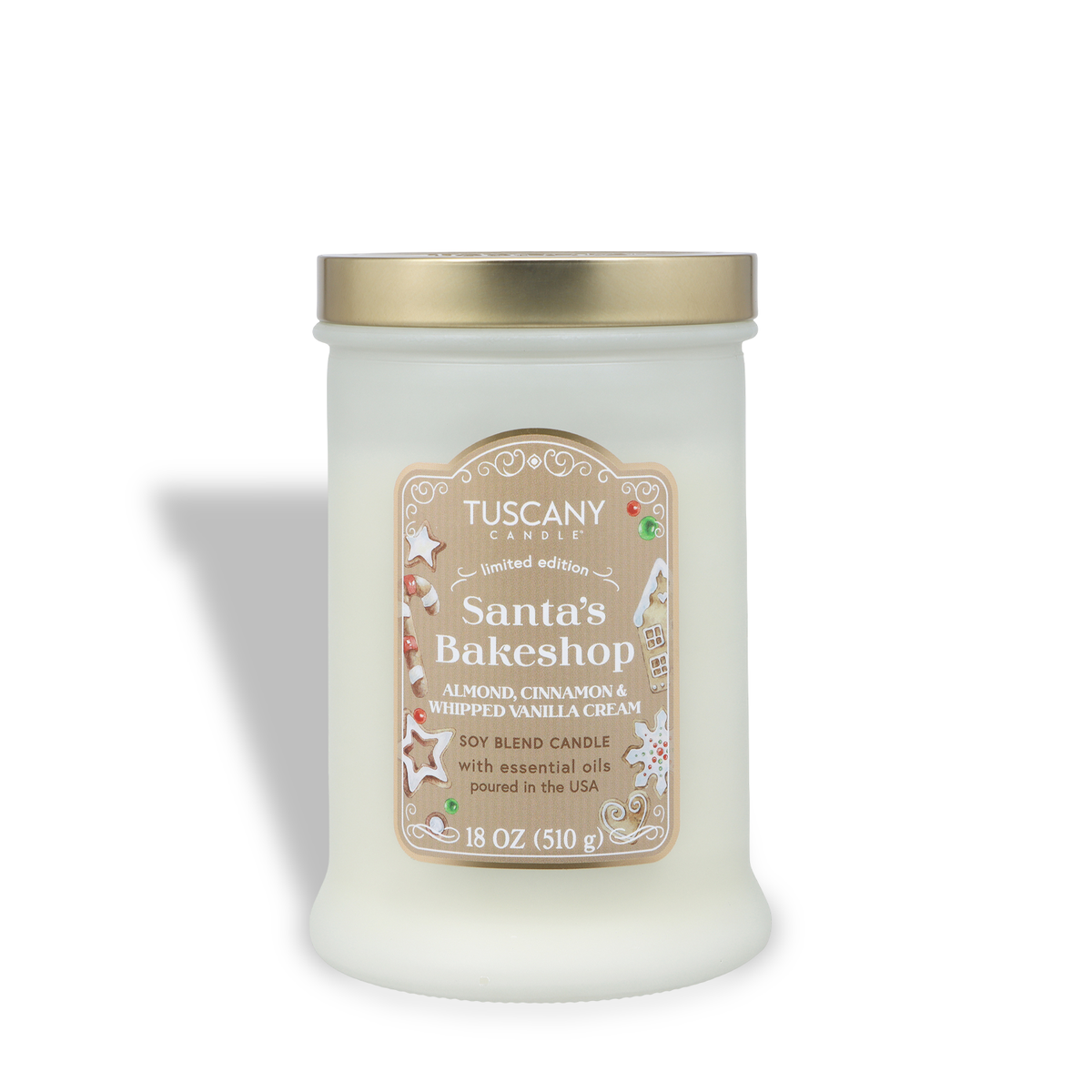 Santa’s Bakeshop: Almond & Vanilla Scented Holiday Candle (18 oz) in a glass jar with a gold lid and a festive label decorated with gingerbread cookies.