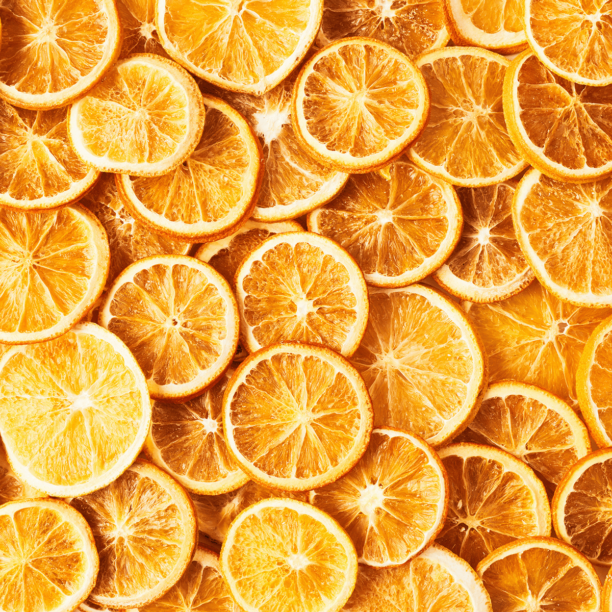 A flat lay pattern of overlapping, dehydrated orange slices for Gingersnap Citrus: Candied Orange & Cinnamon Scented Holiday Candle (18 oz) by Tuscany Candle® SEASONAL.