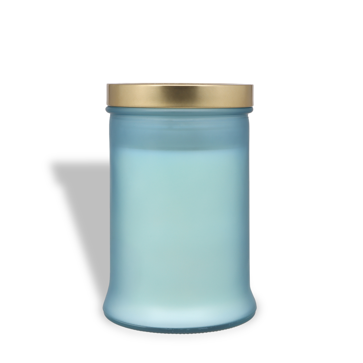 Nordic Drift: Frozen Lime & Patchouli Scented Holiday Candle (18 oz) in a light blue glass jar with a metallic gold lid.