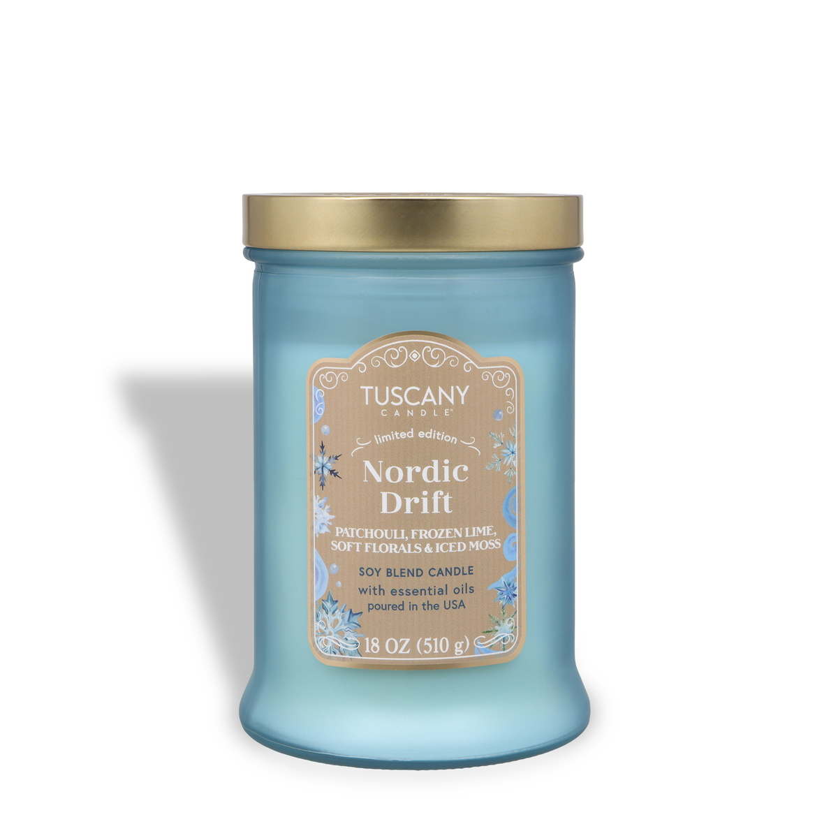 Nordic Drift: Frozen Lime & Patchouli Scented Holiday Candle in a light blue glass jar with a gold lid and a label featuring snowflake designs.