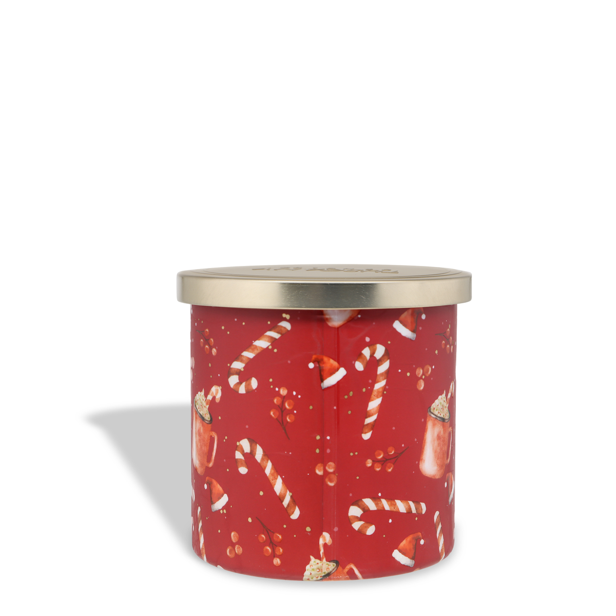 Tuscany Candle® SEASONAL Peppermint Candy Canes: Sugar & Vanilla Scented Holiday Candle (14 oz) in a red jar with a metallic lid, decorated with candy canes, Santa hats, and mugs of cocoa.