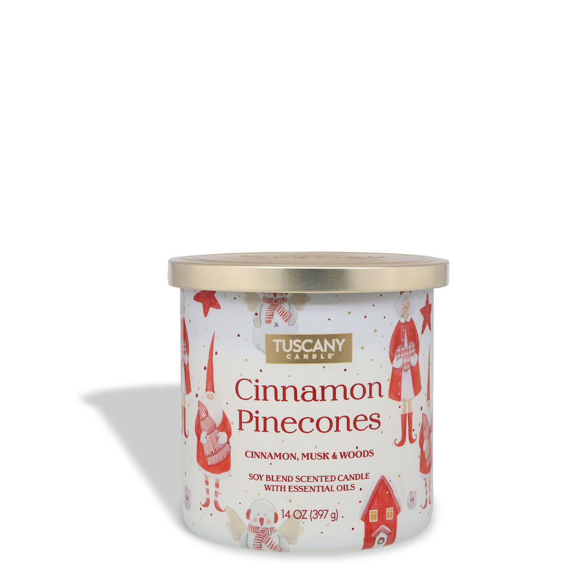 A white Tuscany Candle® SEASONAL Cinnamon Pinecones: Cinnamon & Musk Scented Holiday Candle (14 oz) in a jar with a gold lid, decorated with illustrations of gnomes and houses.