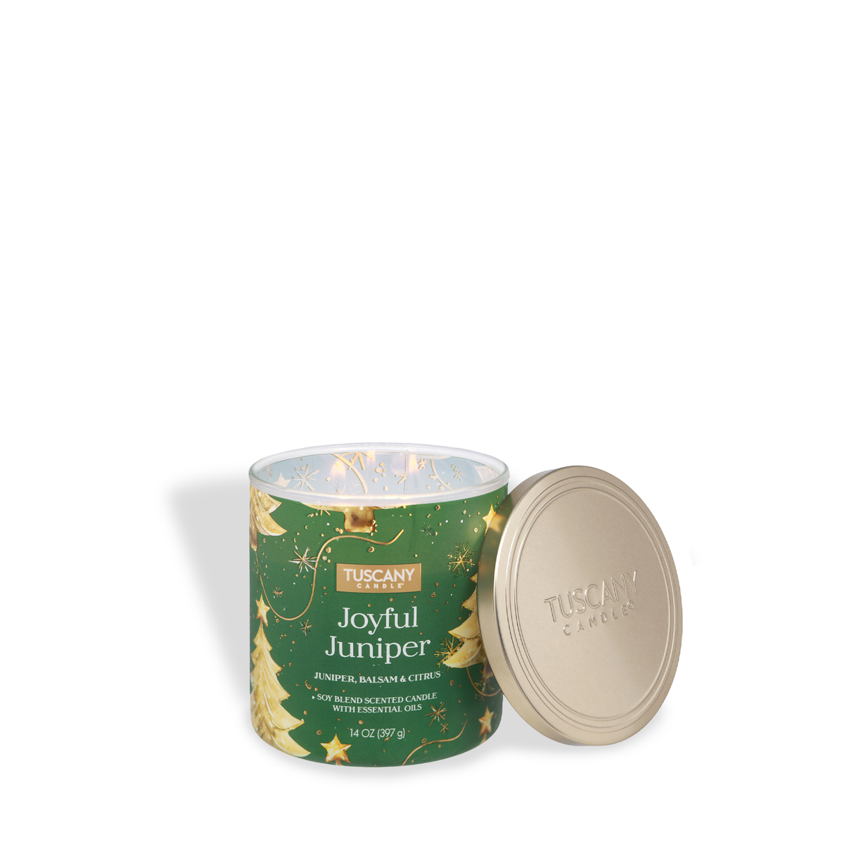 Green Joyful Juniper: Balsam & Citrus Scented Holiday Candle (14 oz) with a gold lid, decorated with gold Christmas tree and star illustrations.