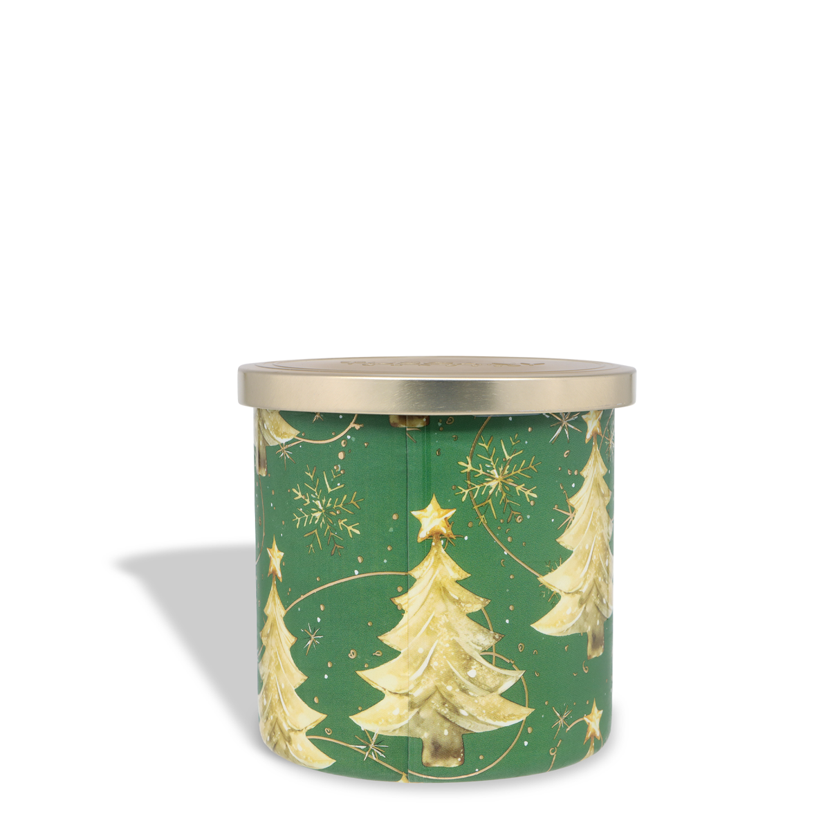Joyful Juniper: Balsam & Citrus Scented Holiday Candle (14 oz) in a green tin featuring gold Christmas trees and snowflakes with a gold metal lid.