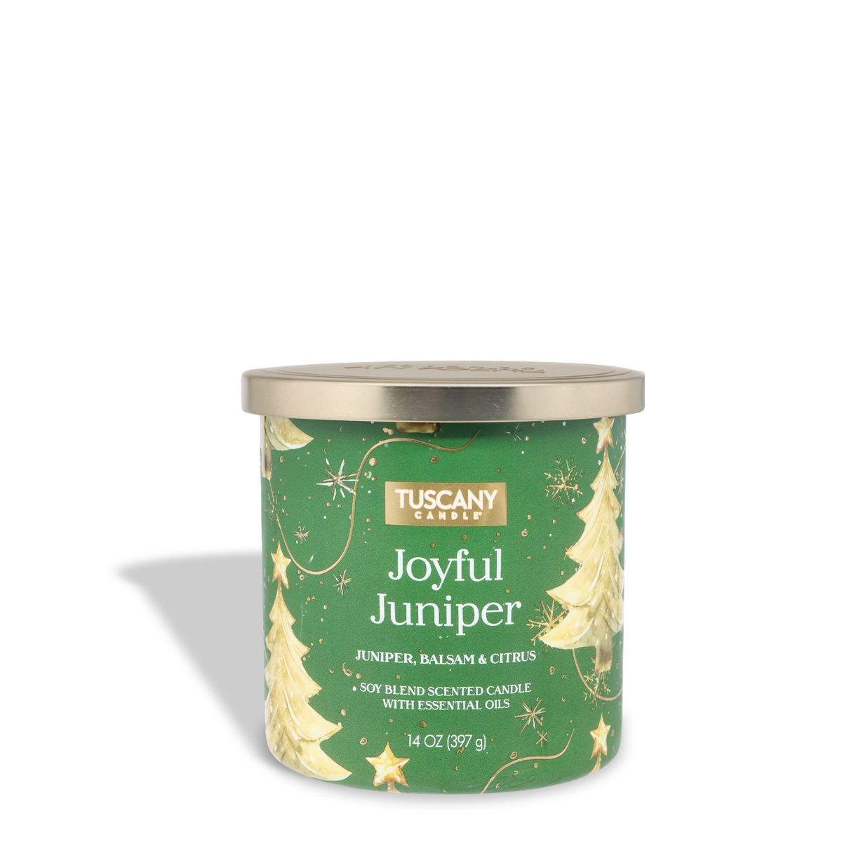 Joyful Juniper: Balsam & Citrus Scented Holiday Candle (14 oz) in a green jar with a metallic lid, featuring gold illustrations of Christmas trees and stars.
