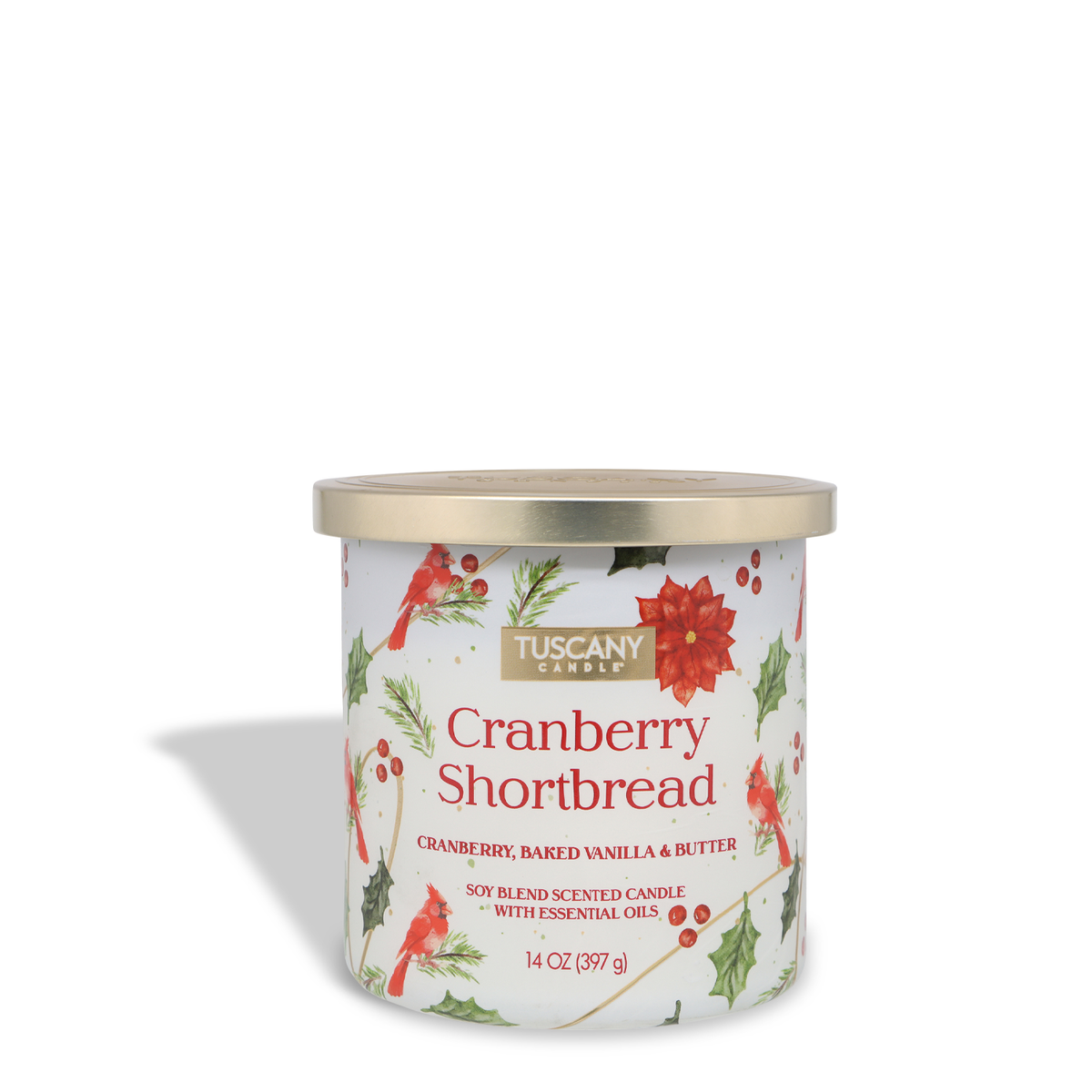Tuscany Candle® SEASONAL Cranberry Shortbread: Baked Vanilla & Butter Scented Holiday Candle (14 oz) in a white jar decorated with cardinals, poinsettias, and holly leaves.