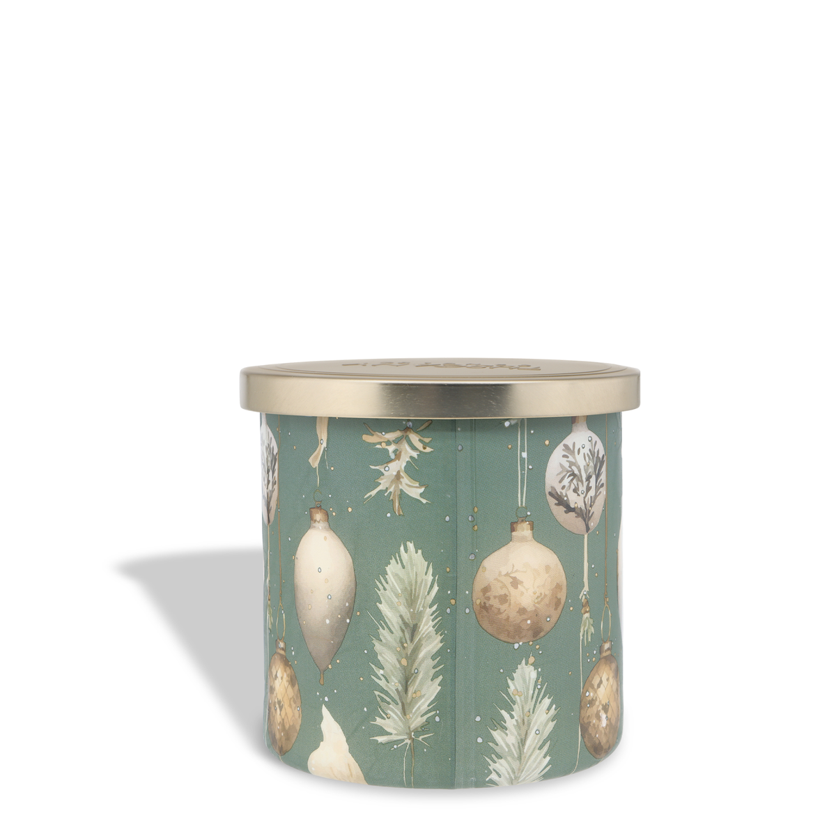 A Silver Bells & Birch: Cashmere & Snow Scented Holiday Candle (14 oz) in a cylindrical jar with a green pattern of hanging ornaments and evergreen branches, topped with a metallic gold lid.
