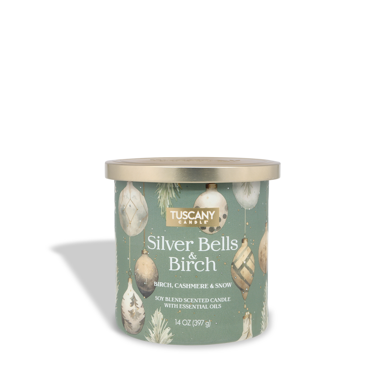 A 14-ounce Silver Bells & Birch: Cashmere & Snow Scented Holiday Candle in a green jar decorated with ornaments, topped with a gold lid.