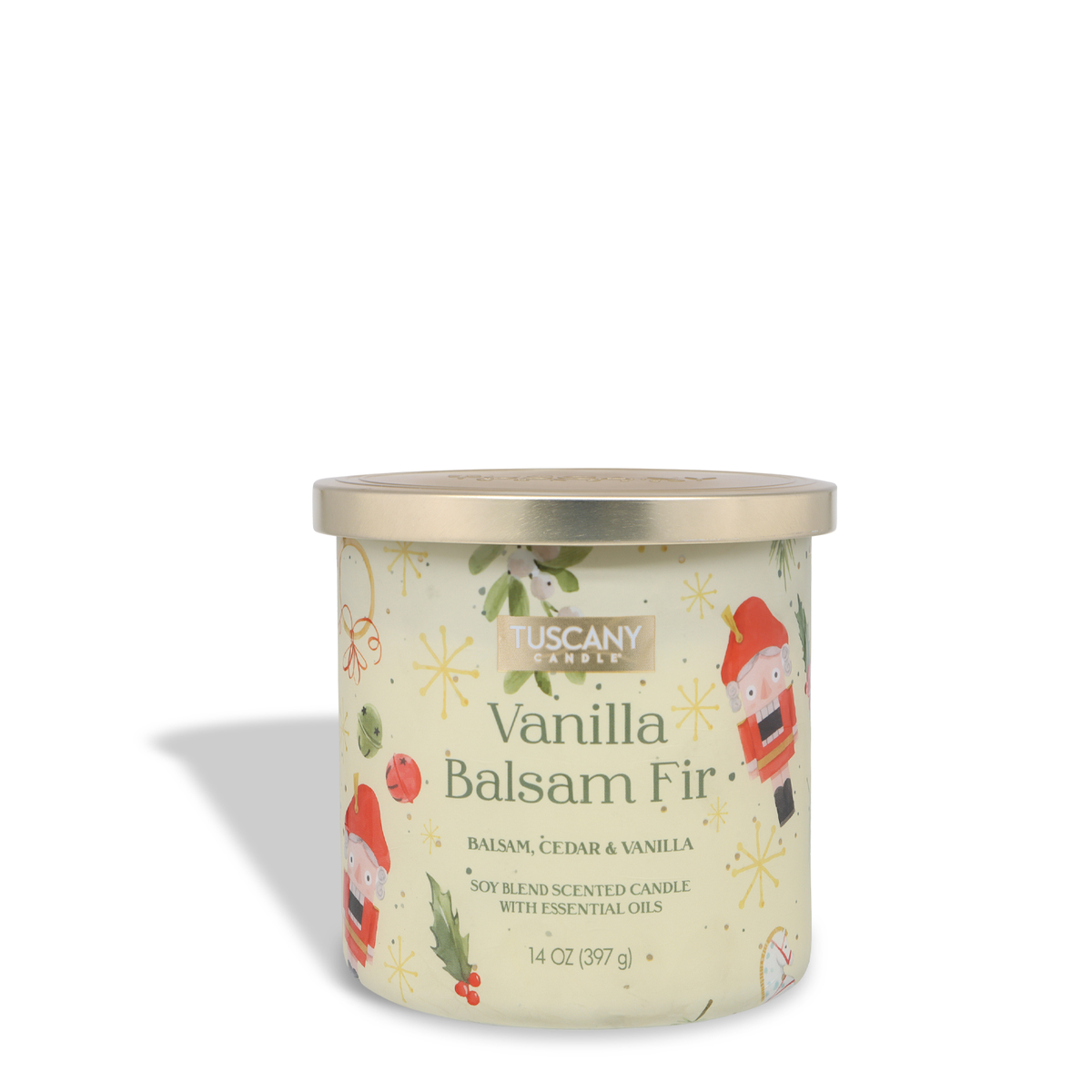 Tuscany Candle® SEASONAL Vanilla Balsam Fir: Cedar & Vanilla Scented Holiday Candle (14 oz) in a lidded jar decorated with illustrations of nutcrackers, holly, and snowflakes.