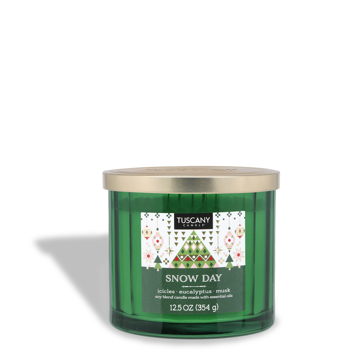 Tuscany Candle® SEASONAL Snow Day: Eucalyptus & Musk Scented Holiday Candle (12.5 oz) in a green glass jar with three wicks, a gold lid, and a geometric Christmas tree and ornament label.