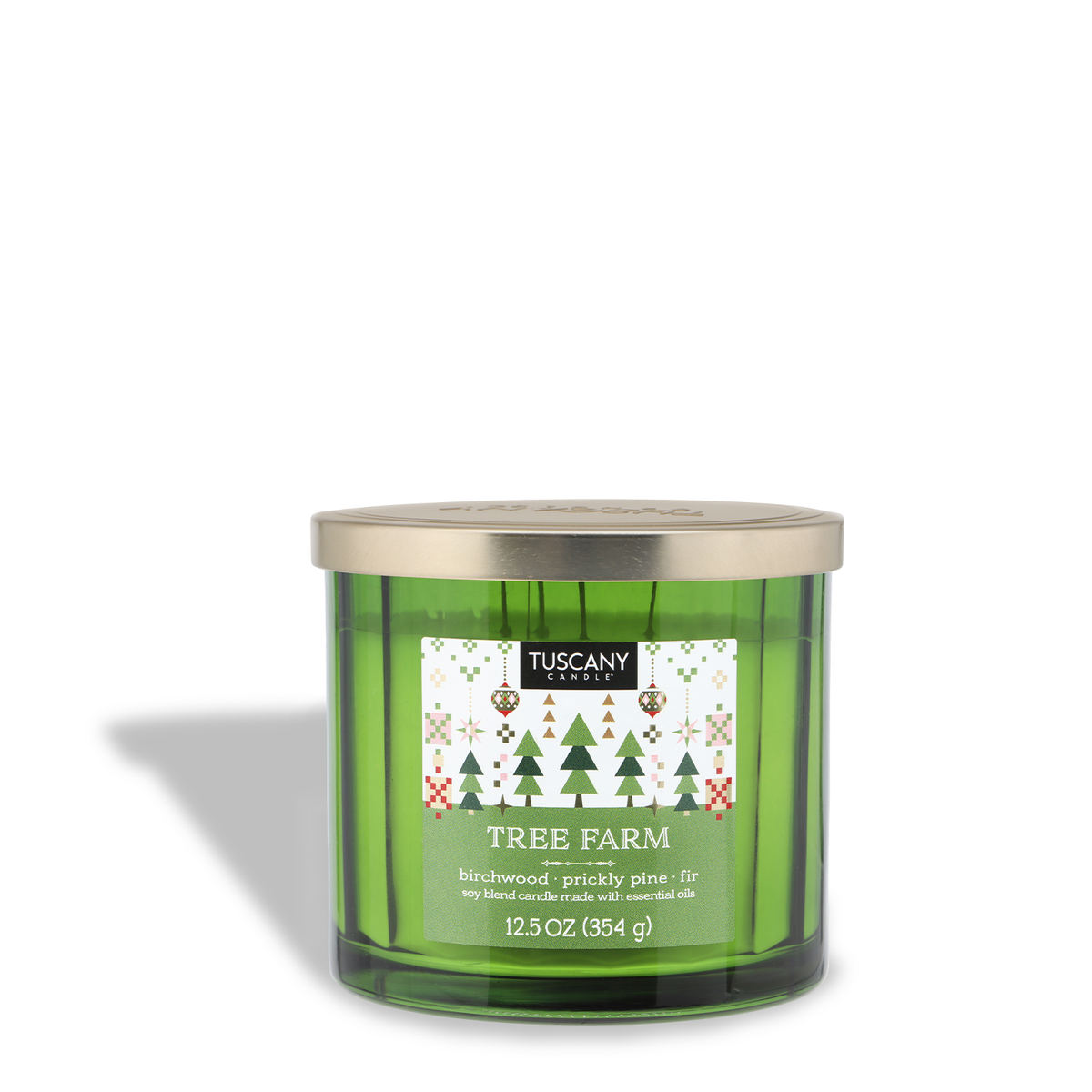 Tuscany Candle® SEASONAL Tree Farm: Warm Birchwood & Pine Scented Holiday Candle (12.5 oz) in a three-wick green glass jar with a metal lid and a holiday label featuring pine trees and geometric patterns.