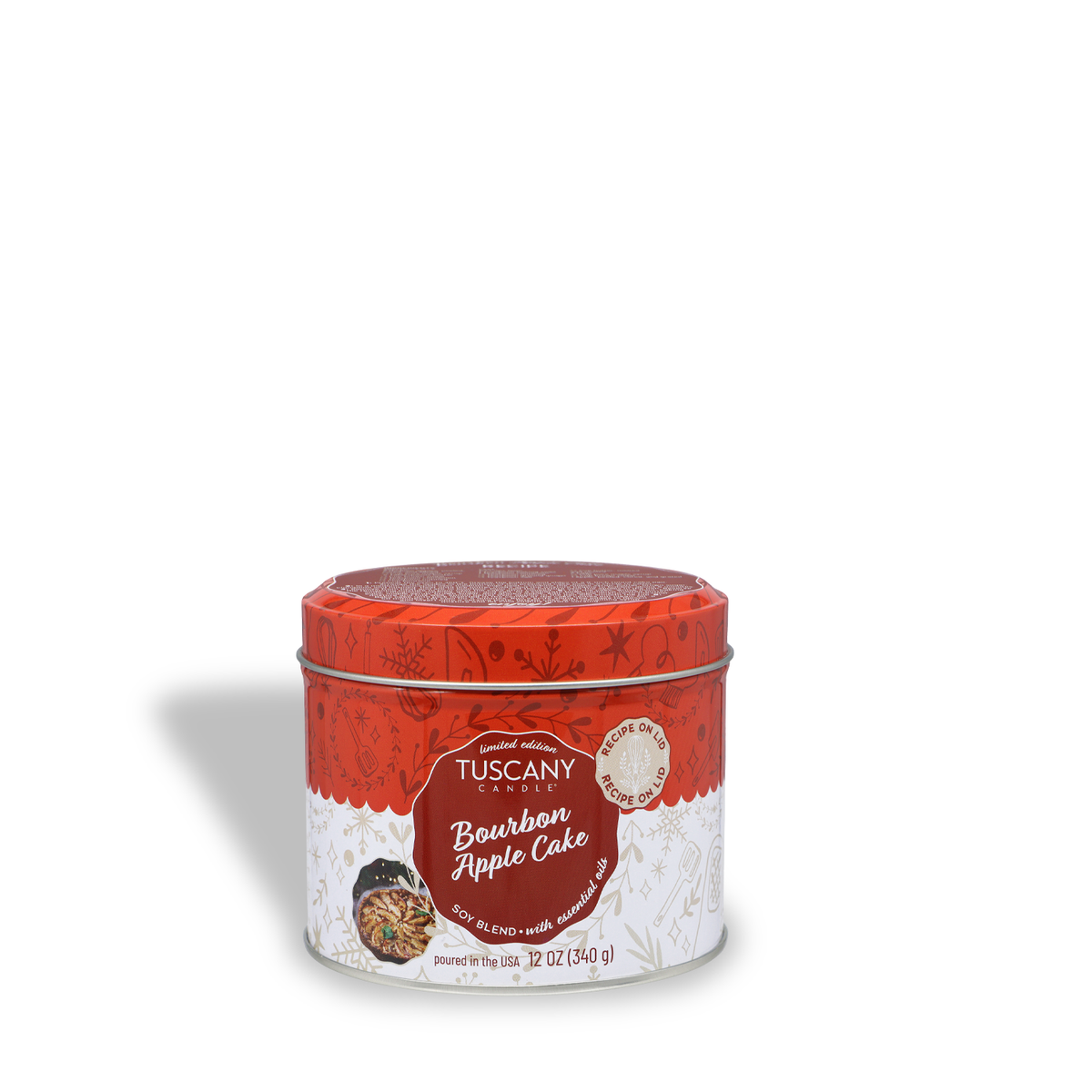 Red and white holiday-themed Tuscany Candle® SEASONAL Bourbon Apple Cake Scented Holiday Candle (12 oz) tin.
