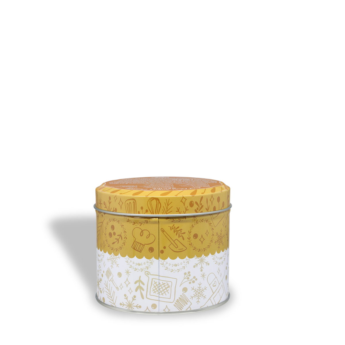 Round yellow and white metal Iced Chai Sugar Cookies: Vanilla & Buttercream Scented Holiday Candle (12 oz) tin decorated with holiday-themed line art.