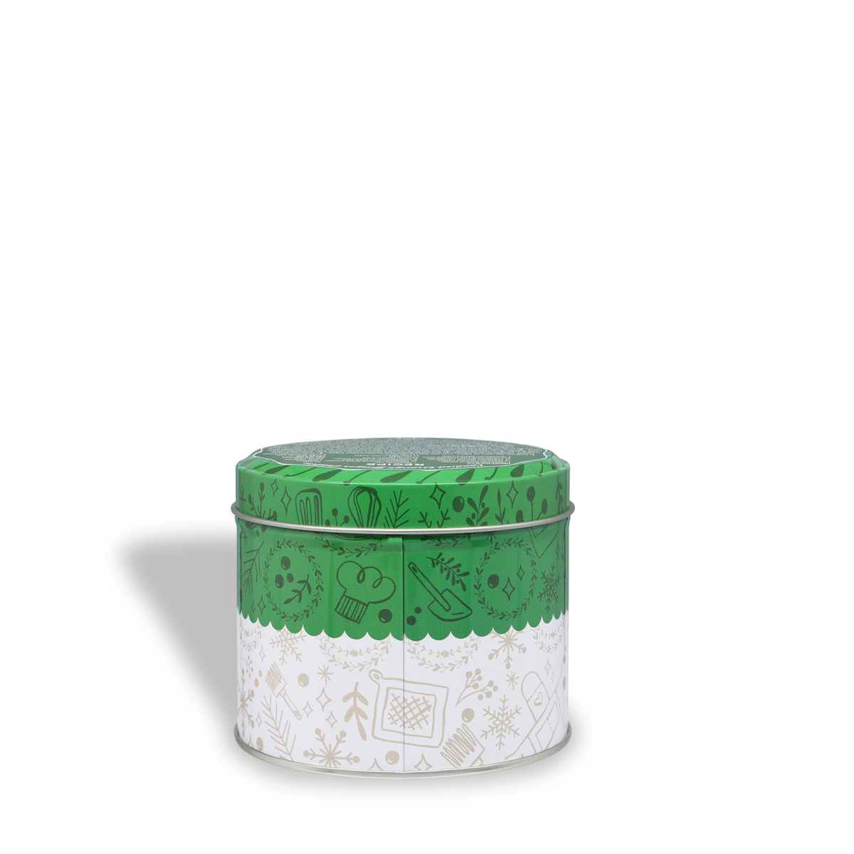 Tuscany Candle® SEASONAL Candied Orange Ginger Cookies Scented Holiday Candle (12 oz) in a green and white cylindrical metal tin decorated with a pattern of kitchen tools and snowflakes.