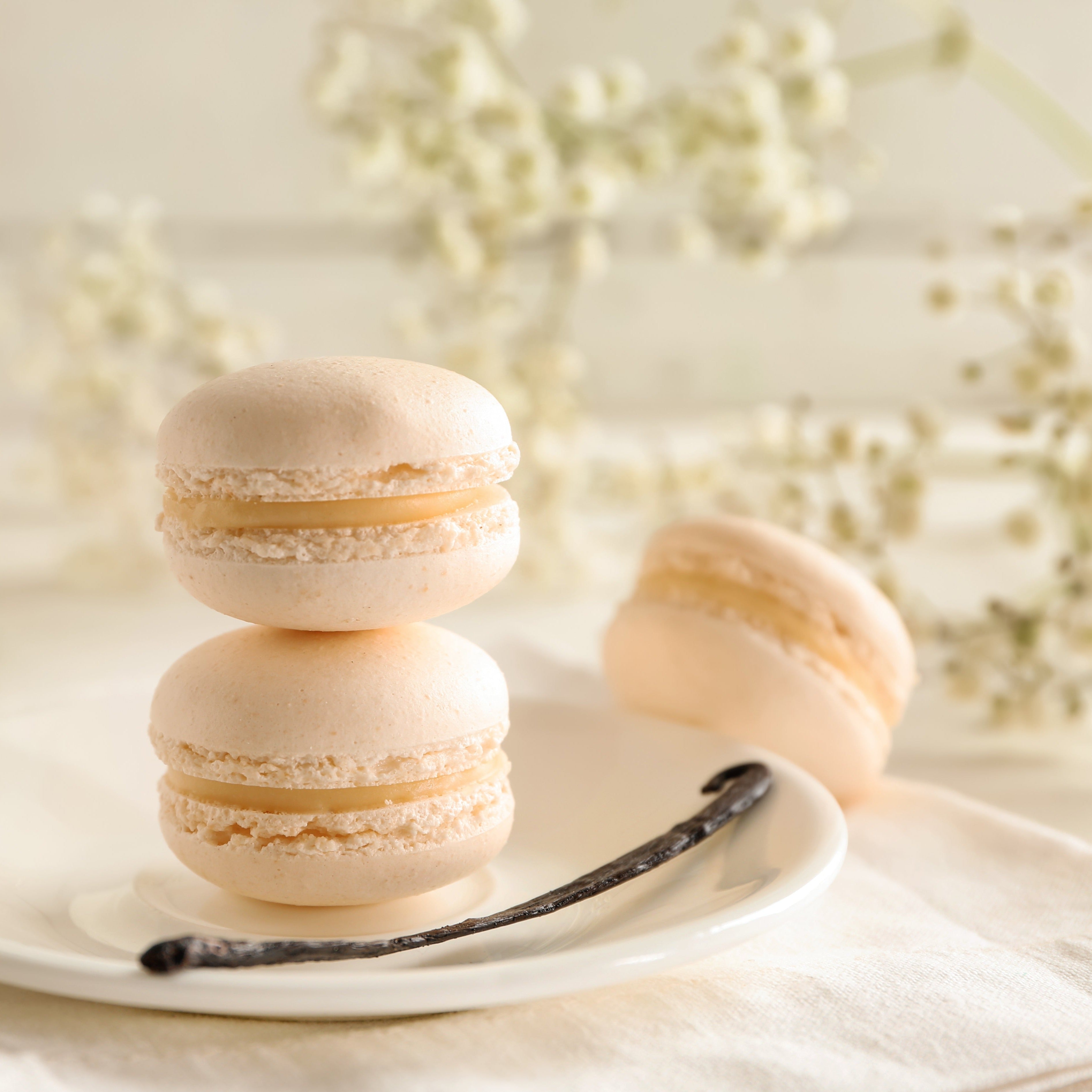 Three Vanilla Macarons (12 oz) stacked on a white plate, accompanied by a vanilla pod, with a glass of milk and white flowers in the background.