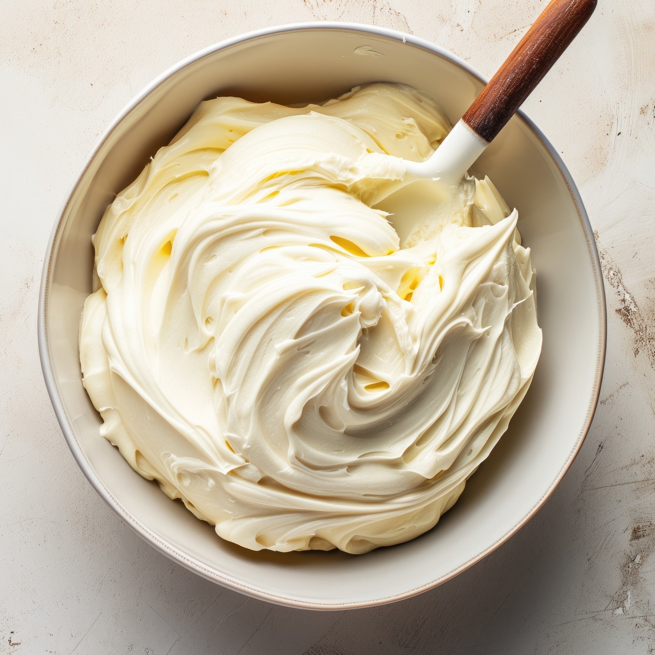 A bowl of creamy Vanilla Macaron frosting with a wooden spoon, on a textured surface by Tuscany Candle® EVD.