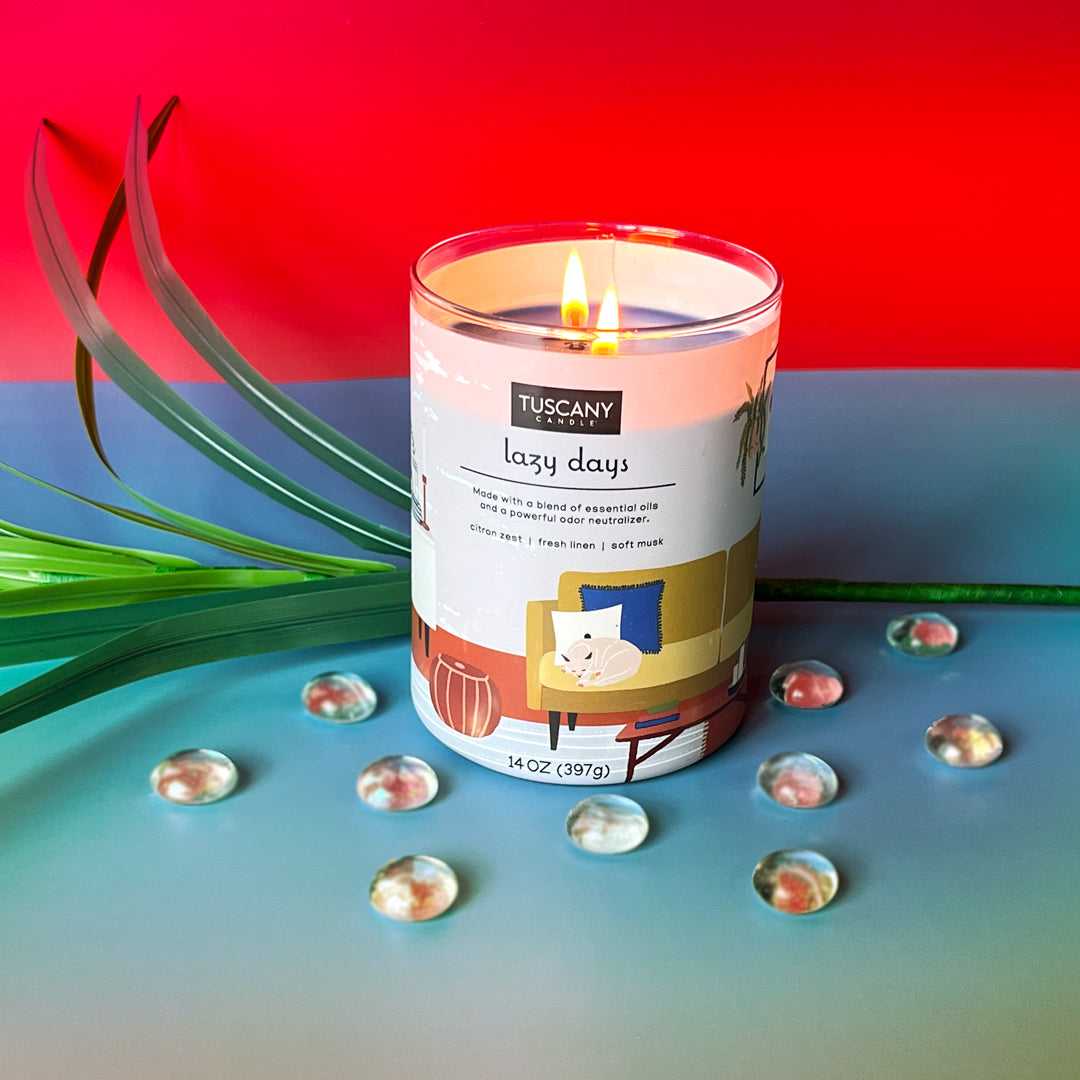 A Lazy Days Scented Jar Candle (14 oz) from the Tuscany Candle® EVD brand is sitting on a colorful background, effectively neutralizing pet odors.