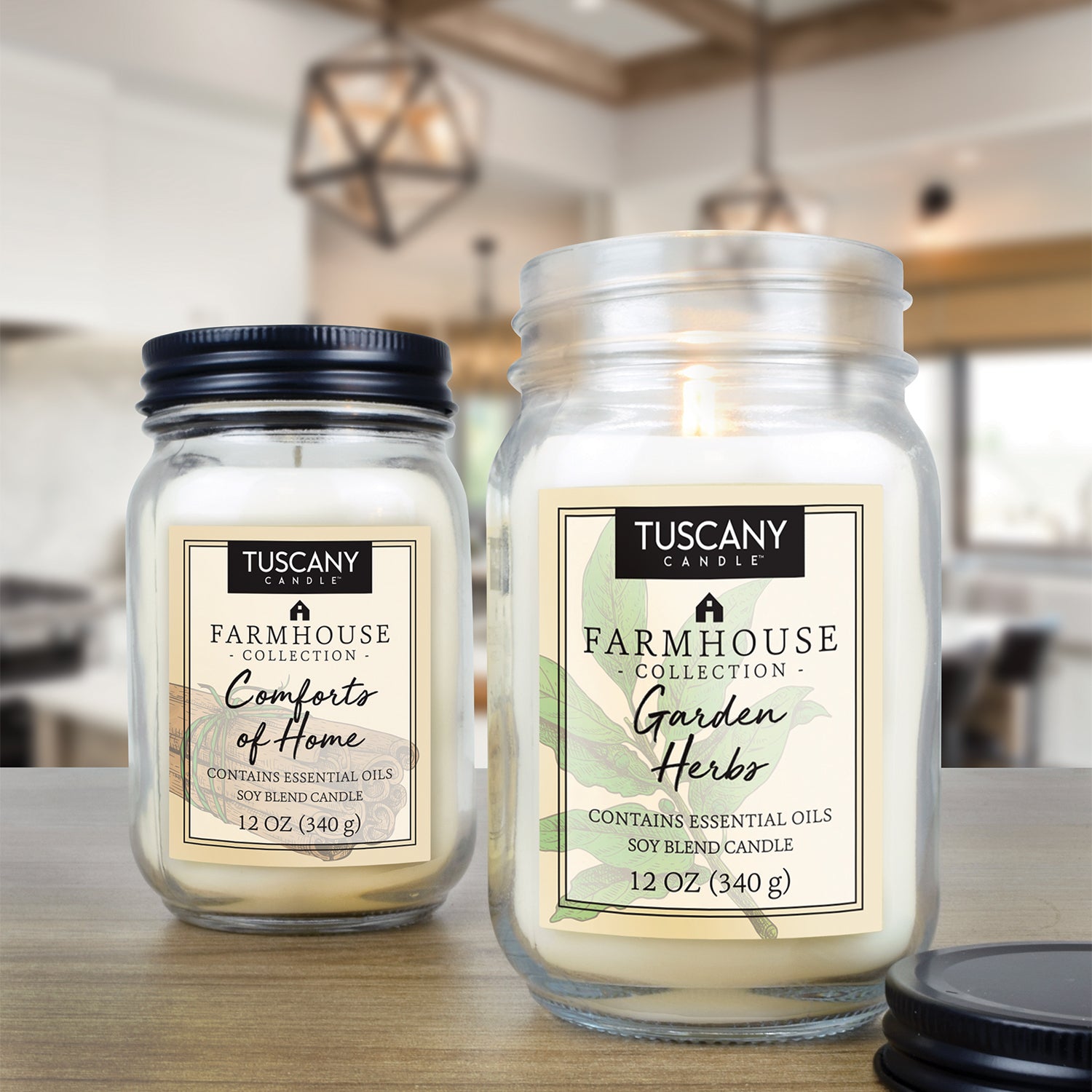 Two jars of Tuscany Candle's Garden Herbs Scented Jar Candle (12 oz) – Farmhouse Collection on a table with FRAGRANCE NOTES of Fresh Cut Herbs and Lemon.