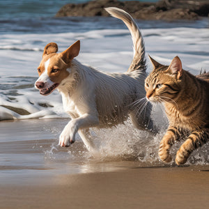 A photo of a small dog and a cat running in the surf at a beach. This image represents a beach-inspired odor neutralizing candle specifically designed to eliminate pet smells. This scented candle is called "Best Pals", and is produced by Tuscany Candle. It is made of a blend of essential oils and a powerful odor neutralizer.
