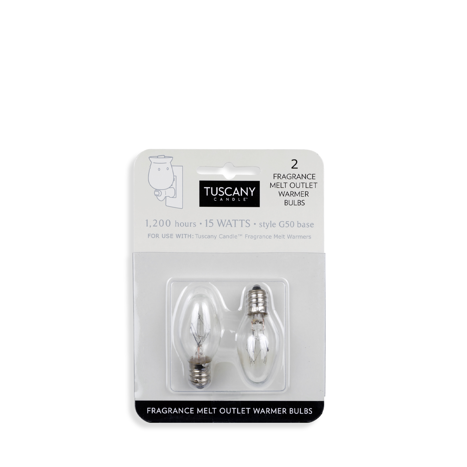 Packaging of two Tuscany Candle® EVD Outlet Warmer Bulbs – Set of 2, 15 watts each, style G50, up to 1,200 hours of use.