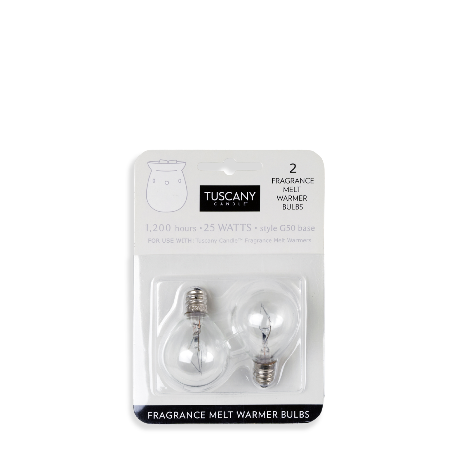 Package of two Tuscany Candle® EVD Warmer Bulbs – Set of 2, each 25 watts with a G50 base, providing up to 1,200 hours of use. Perfect for any outlet warmer!