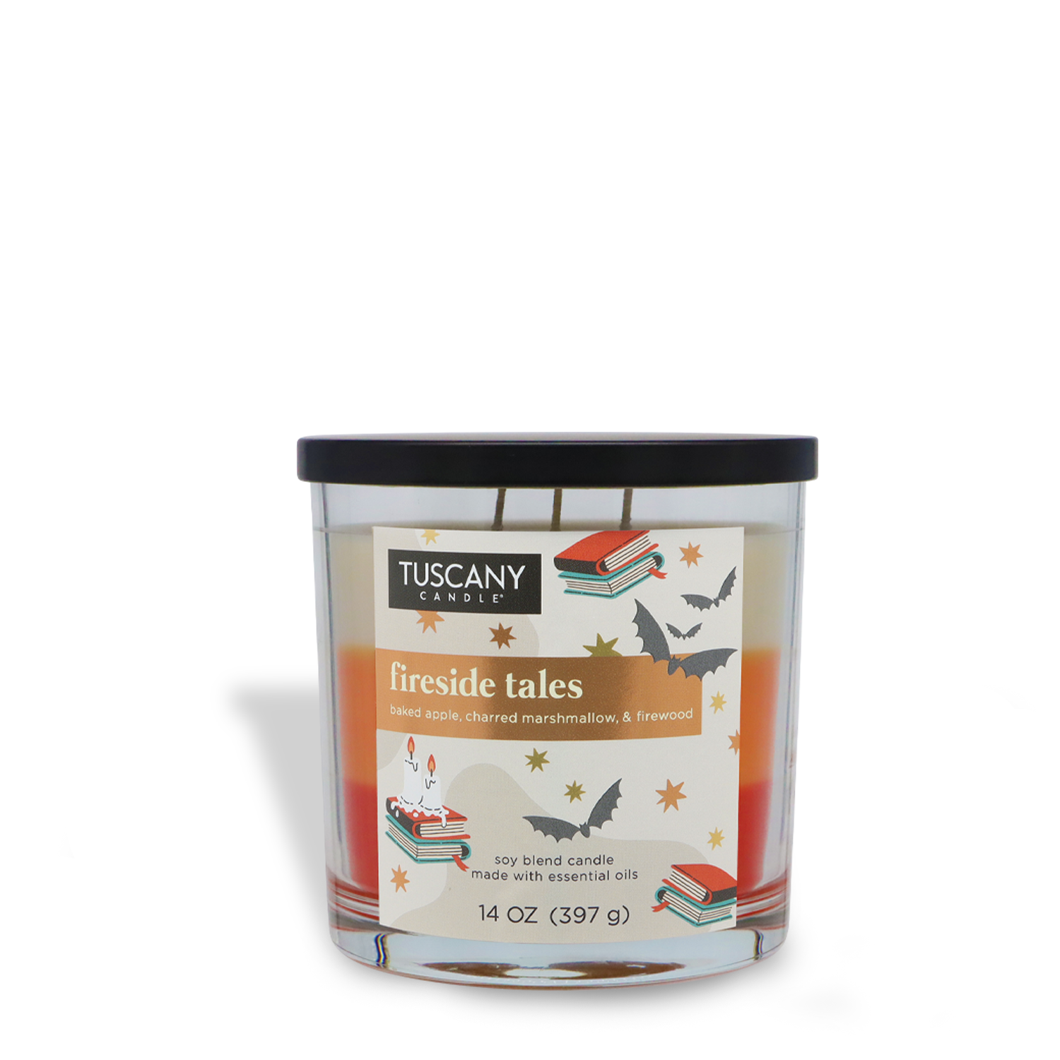 The 14 oz Tuscany Candle® SEASONAL "Fireside Tale: Charred Marshmallow & Baked Apple" Halloween candle features book, bat, and star illustrations and scent notes of baked apple, charred marshmallow, and firewood.