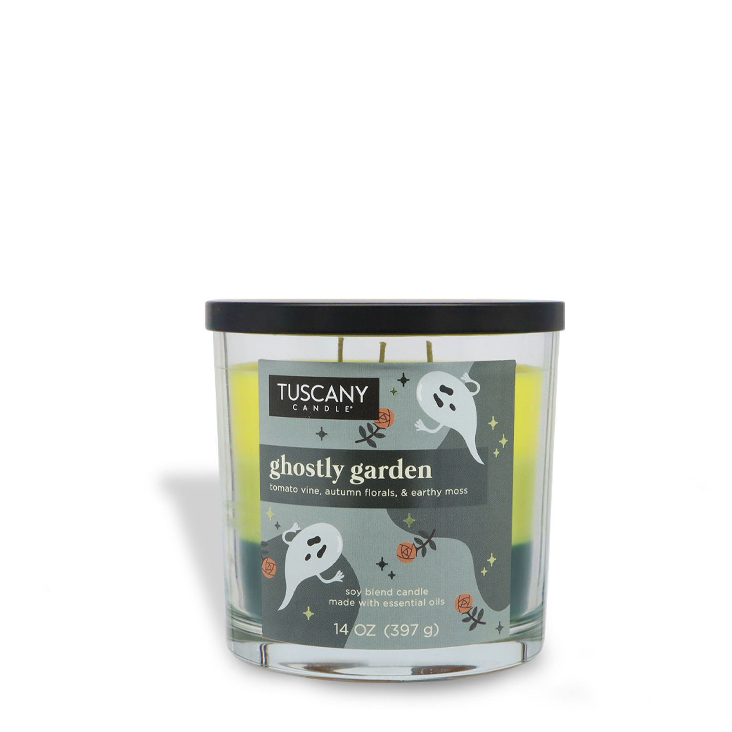 The 14 oz Tuscany Candle® SEASONAL "Ghostly Garden: Tomato Vine & Moss" Halloween candle features ghost designs and scent notes of tomato vine, autumn florals, and earthy moss.