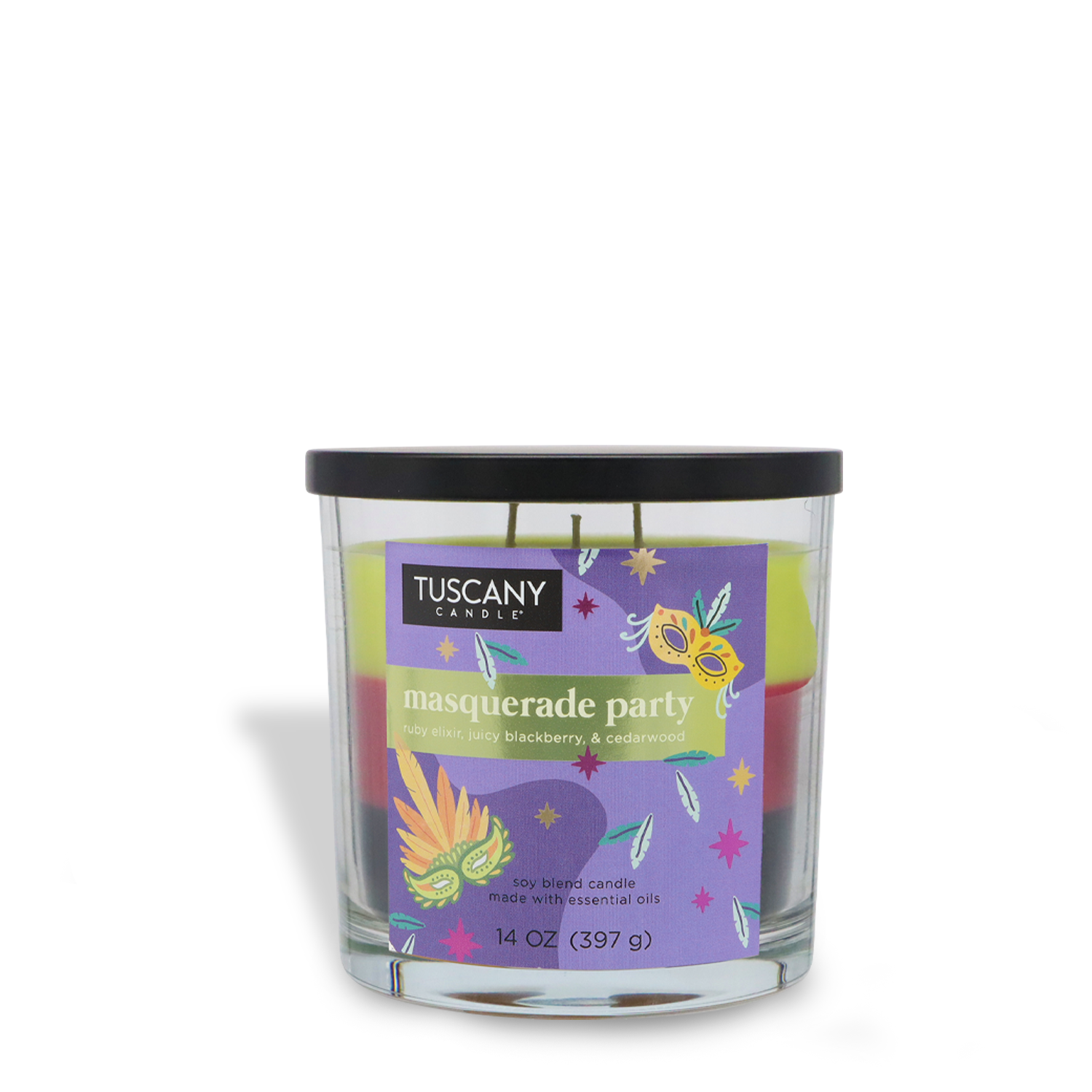A 14 oz Tuscany Candle® SEASONAL jar labeled "Masquerade Party: Blackberry & Birch Bark," featuring a purple, green, and yellow design. Made with a soy blend and essential oils, perfect for Halloween.