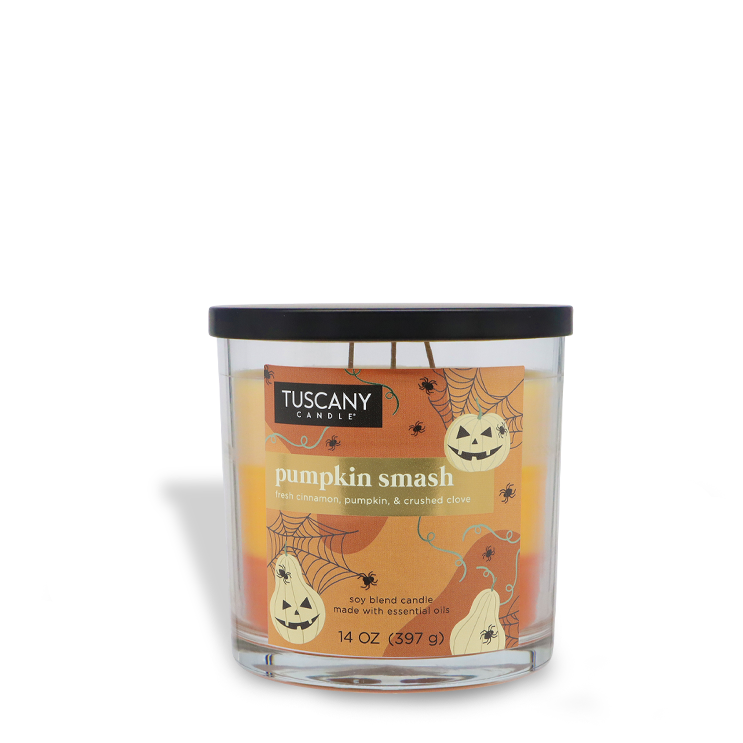 A 14 oz Tuscany Candle® SEASONAL "Pumpkin Smash: Baked Cinnamon & Crushed Clove" Halloween candle with pumpkins, spiders, and webs on the front.