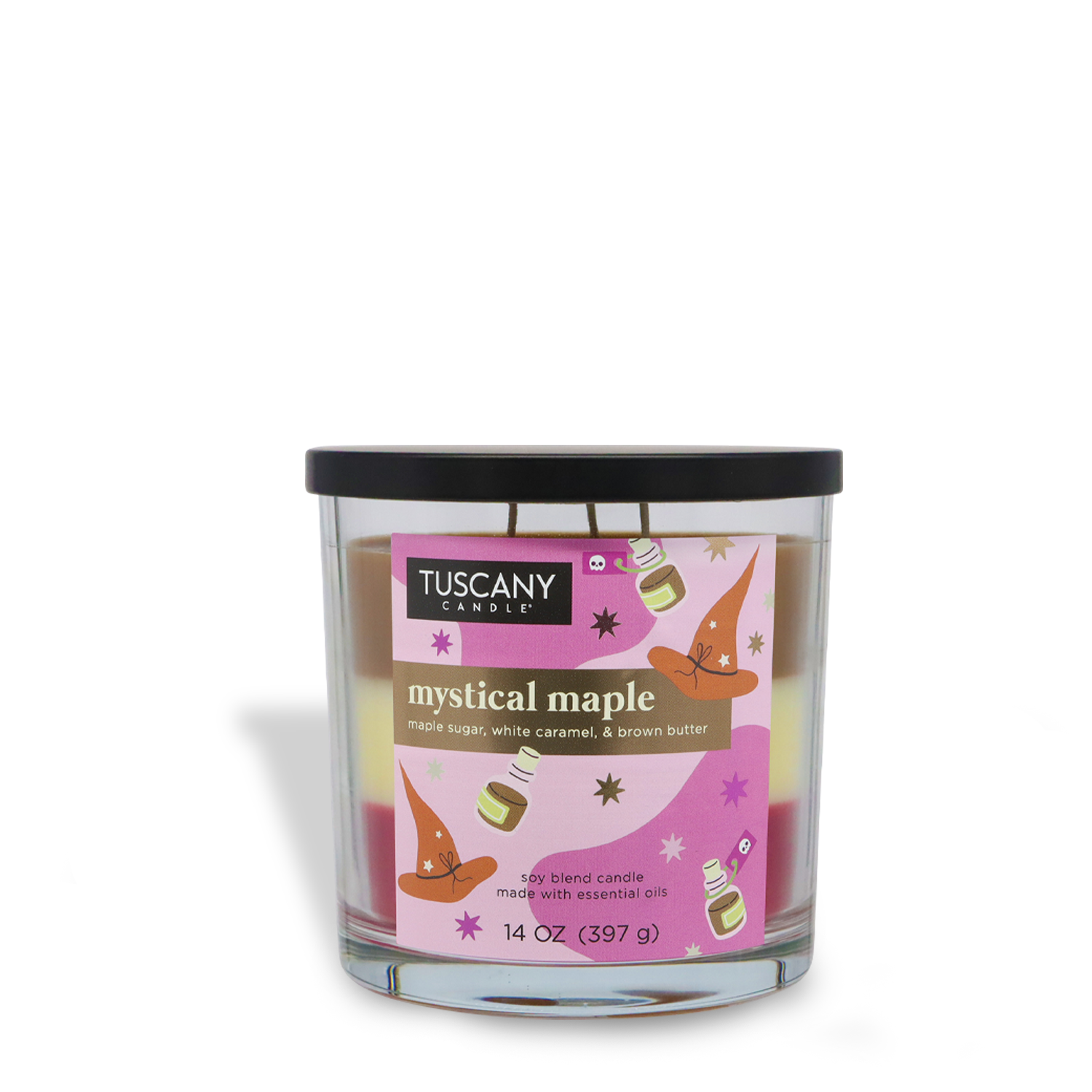 The Tuscany Candle® SEASONAL 14 oz "Mystical Maple: Sweet Molasses & Brown Butter Scented Halloween Candle" comes in a glass jar with a black lid and whimsical graphics on the label.